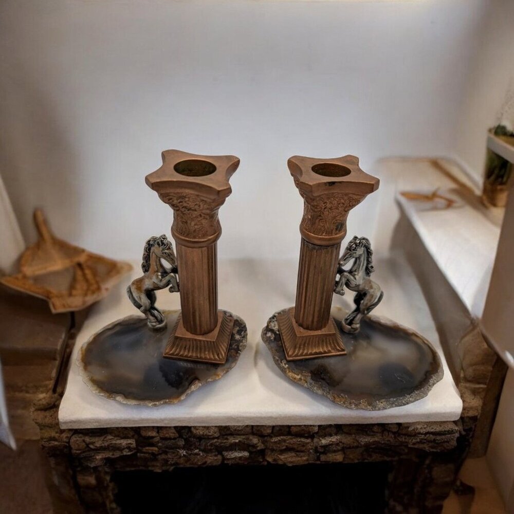 Vintage Horse Column Candle Holders with Agate Bases - 5.5" Tall - Bronze & Silv